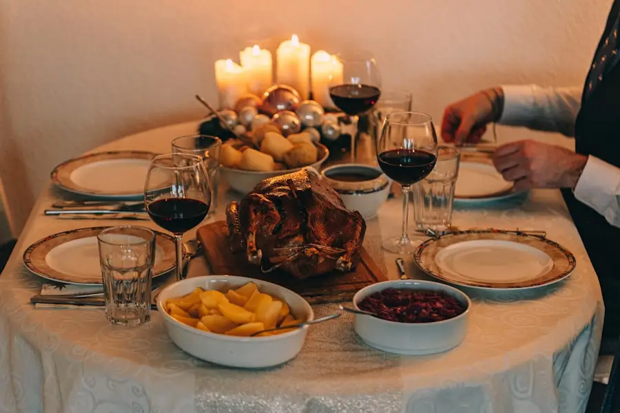 a table with food and wine glasses