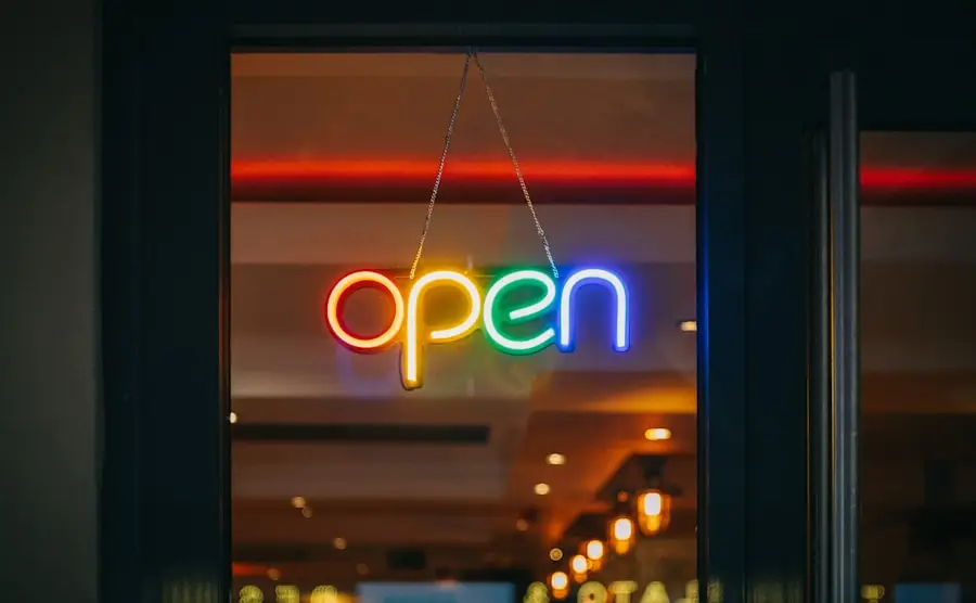 a neon sign in a window