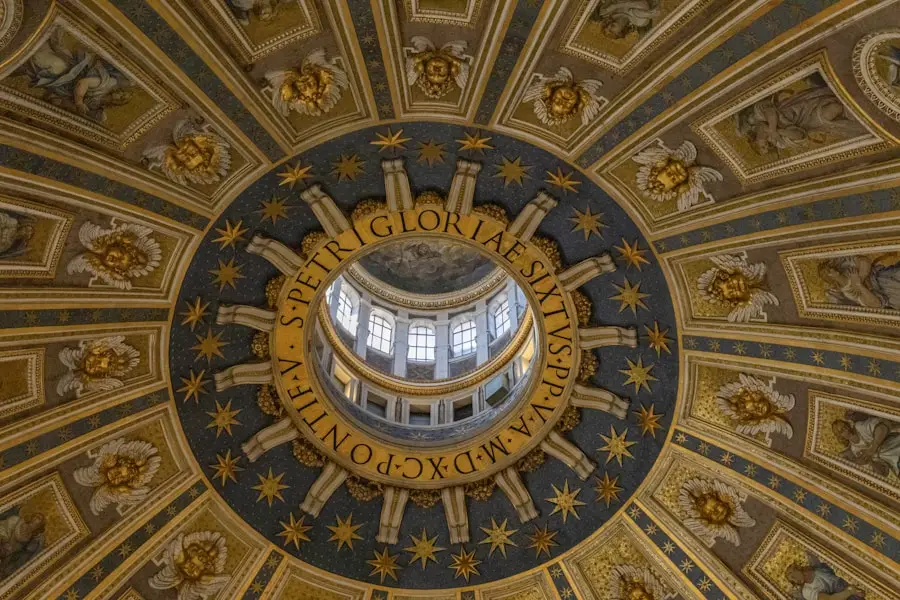 a ceiling with gold and blue painted walls