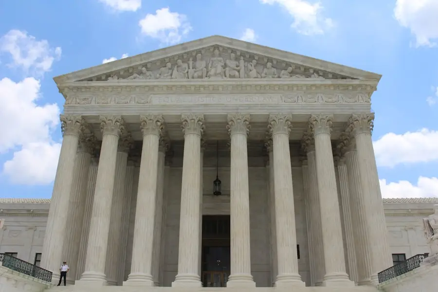 United States Supreme Court Building with columns and a blue sky