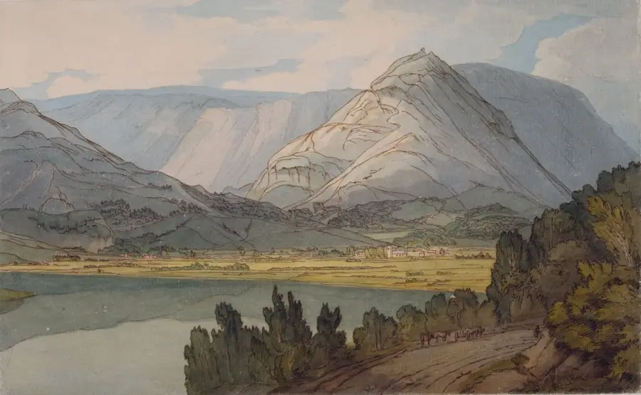 a landscape with mountains and a lake