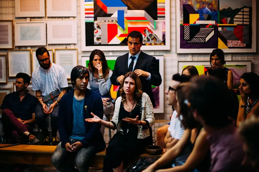 a group of people sitting in a room