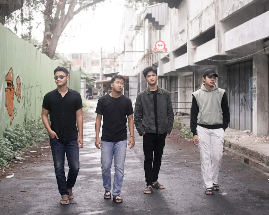 a group of men walking down a street