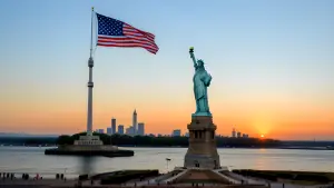 a statue of liberty with a flag on the pole